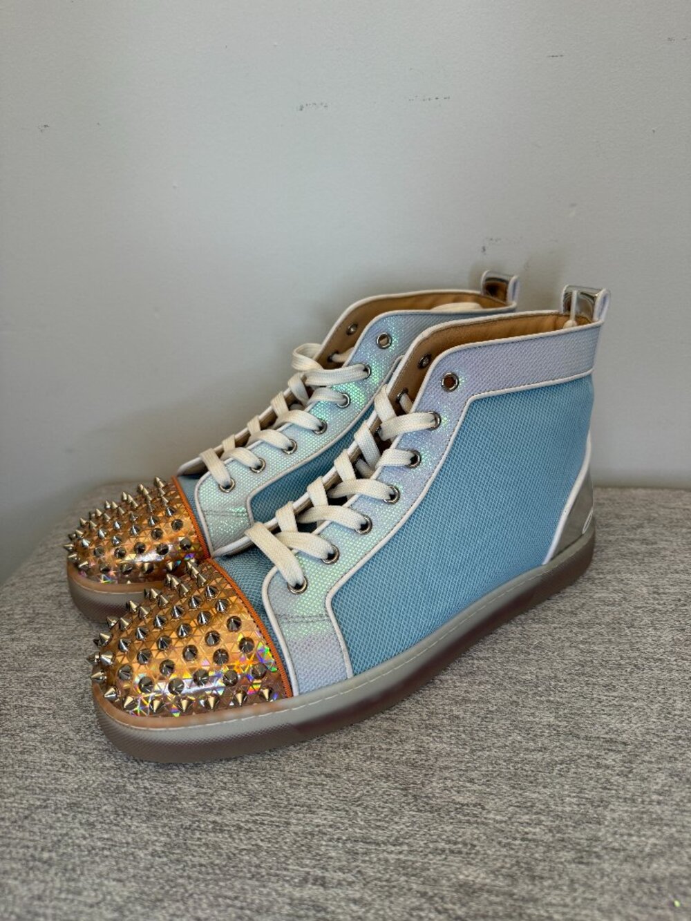 Christian Louboutin  Fun Lou Spikes High Top Sneaker Light Blue/Metallic EU 44 N